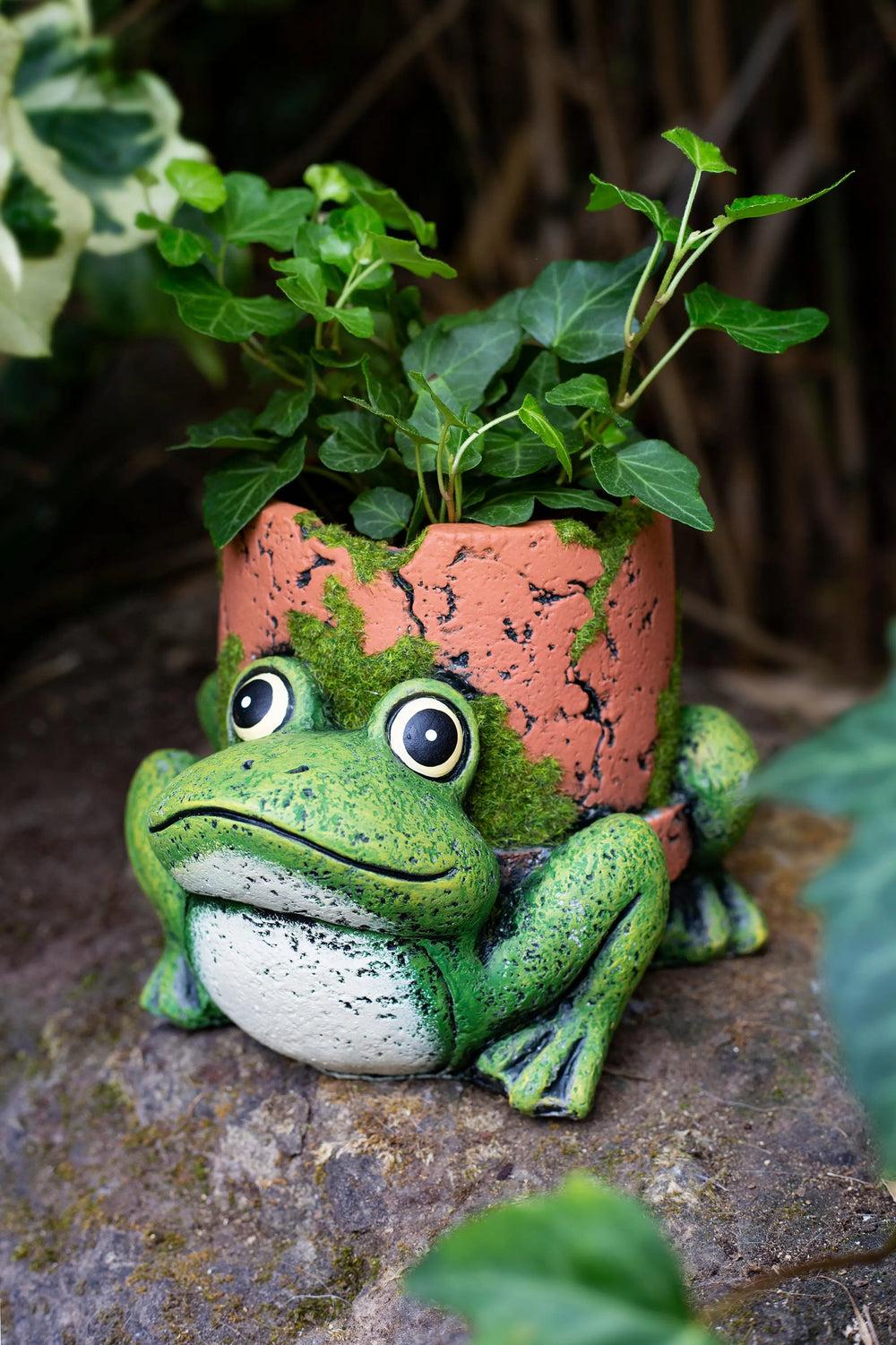 Cement Planter Frog with Clay Pipe